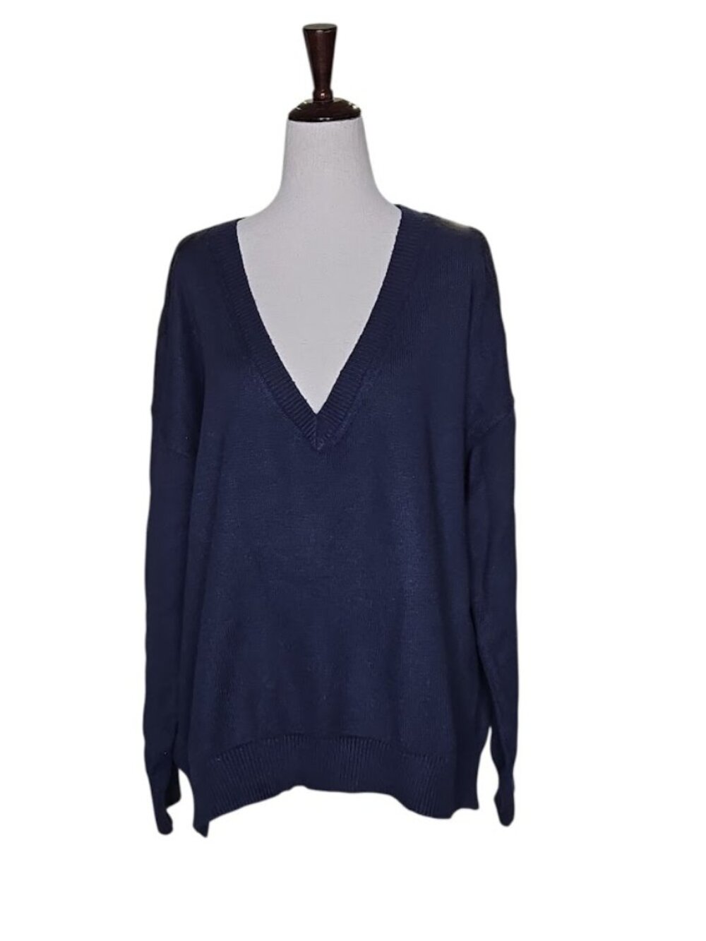 14Th & UNION Women’s Small Navy V-Neck Lace Sleeve Cotton Sweater
